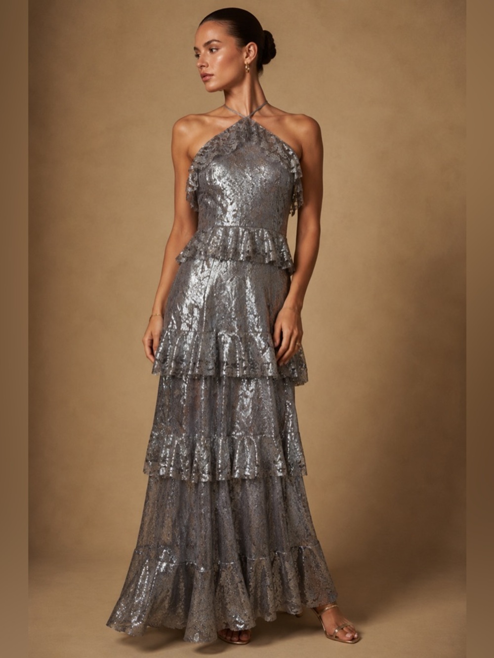 Willow & Clay Silver Tiered Halter-Sequin Maxi Dress